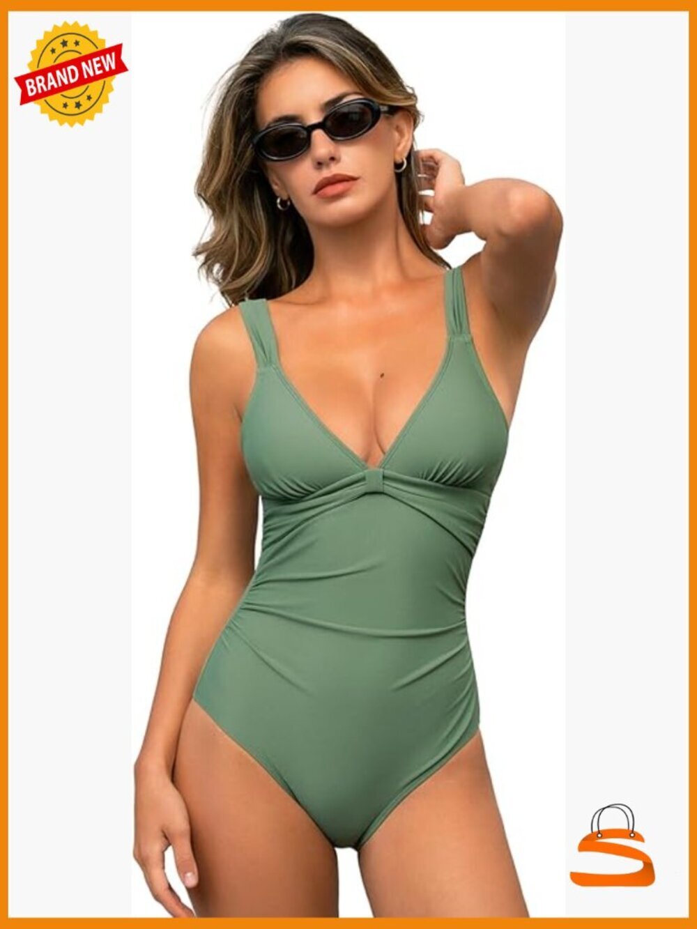 One Piece Swimsuit V Neck Ruched Tummy Adjustable Straps Cut Out